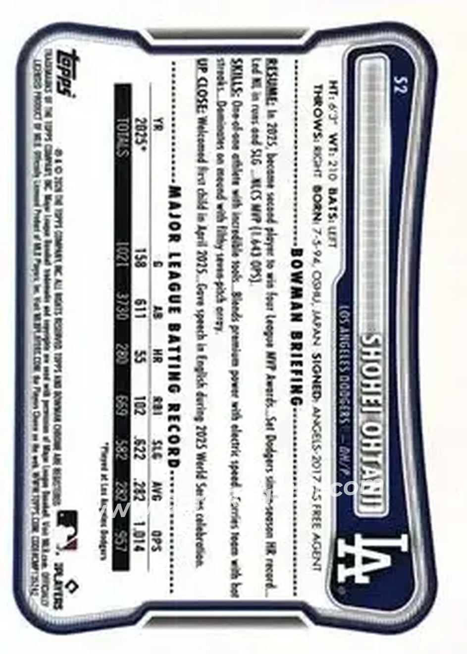 2026 Bowman - Blue #52 - Shohei Ohtani - Los Angeles Dodgers - Back