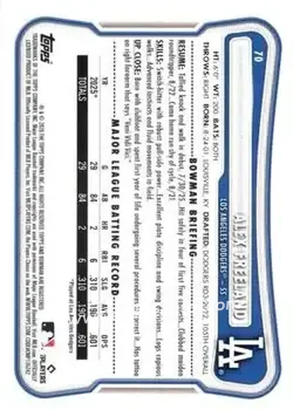 2026 Bowman - Blue #70 - Alex Freeland - Los Angeles Dodgers - Back