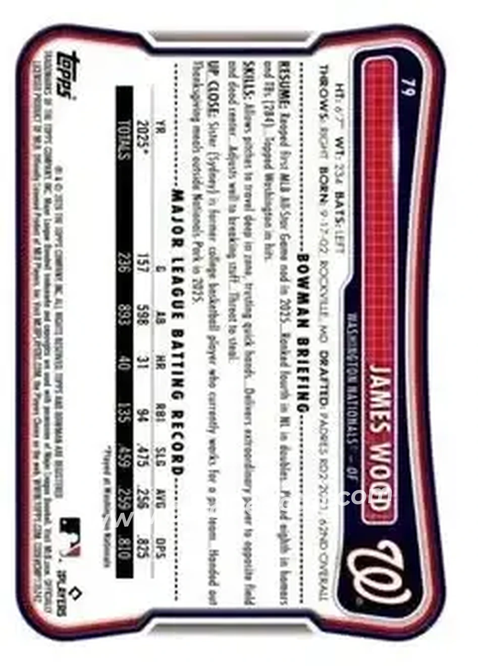 2026 Bowman - Blue #79 - James Wood - Washington Nationals - Back