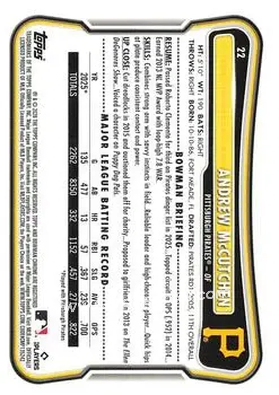 2026 Bowman - Blue #22 - Andrew McCutchen - Pittsburgh Pirates - Back