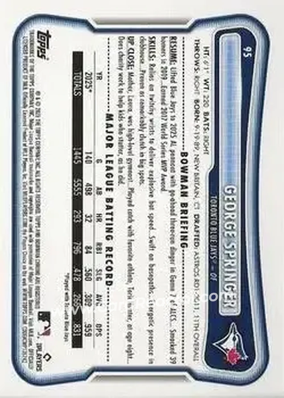2026 Bowman - Blue #95 - George Springer - Toronto Blue Jays - Back