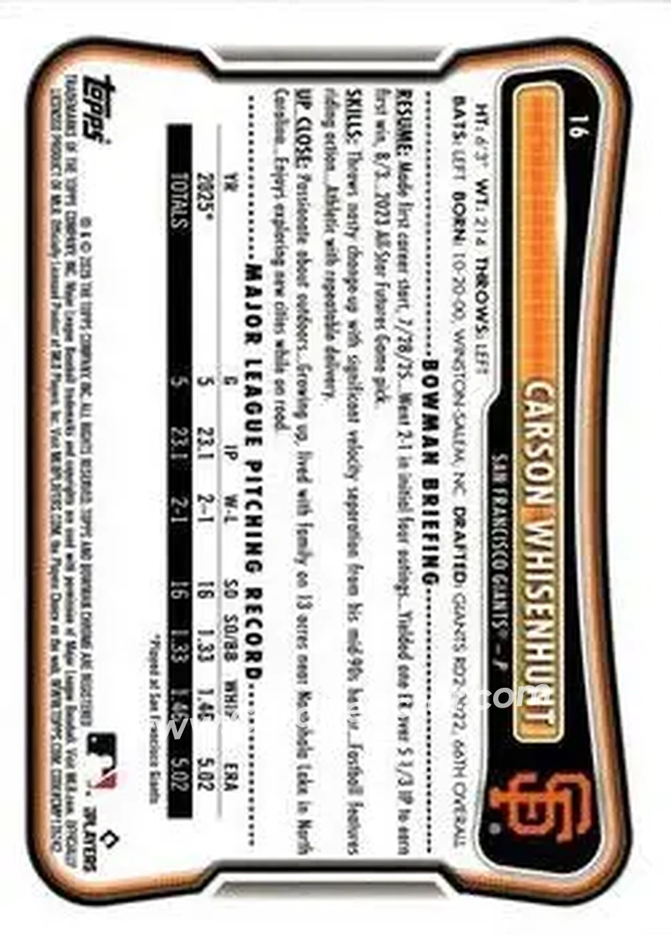 2026 Bowman - Blue Pattern #16 - Carson Whisenhunt - San Francisco Giants - Back