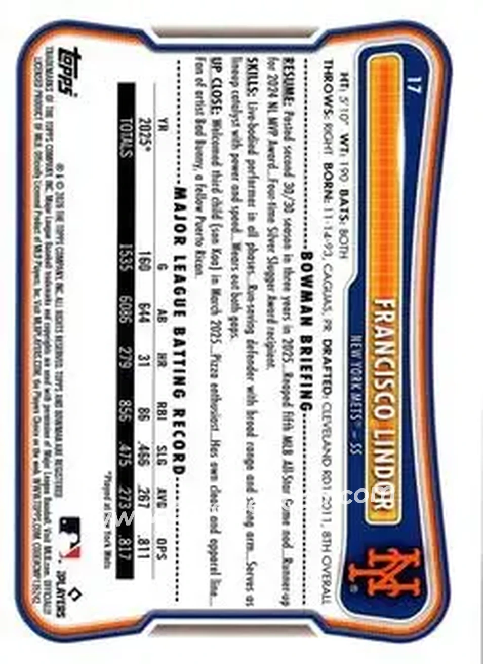 2026 Bowman - Blue Pattern #17 - Francisco Lindor - New York Mets - Back