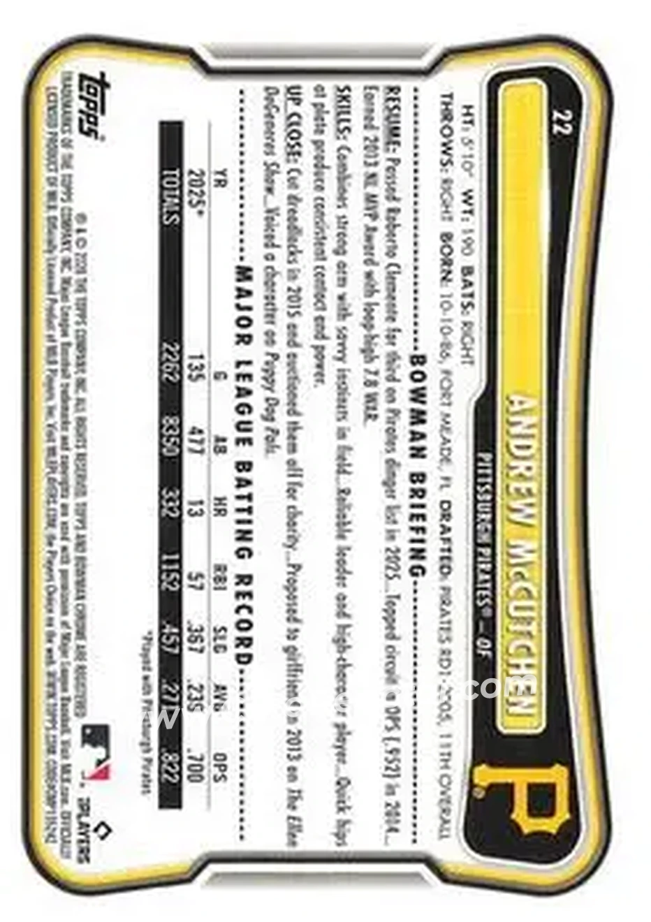 2026 Bowman - Blue Pattern #22 - Andrew McCutchen - Pittsburgh Pirates - Back