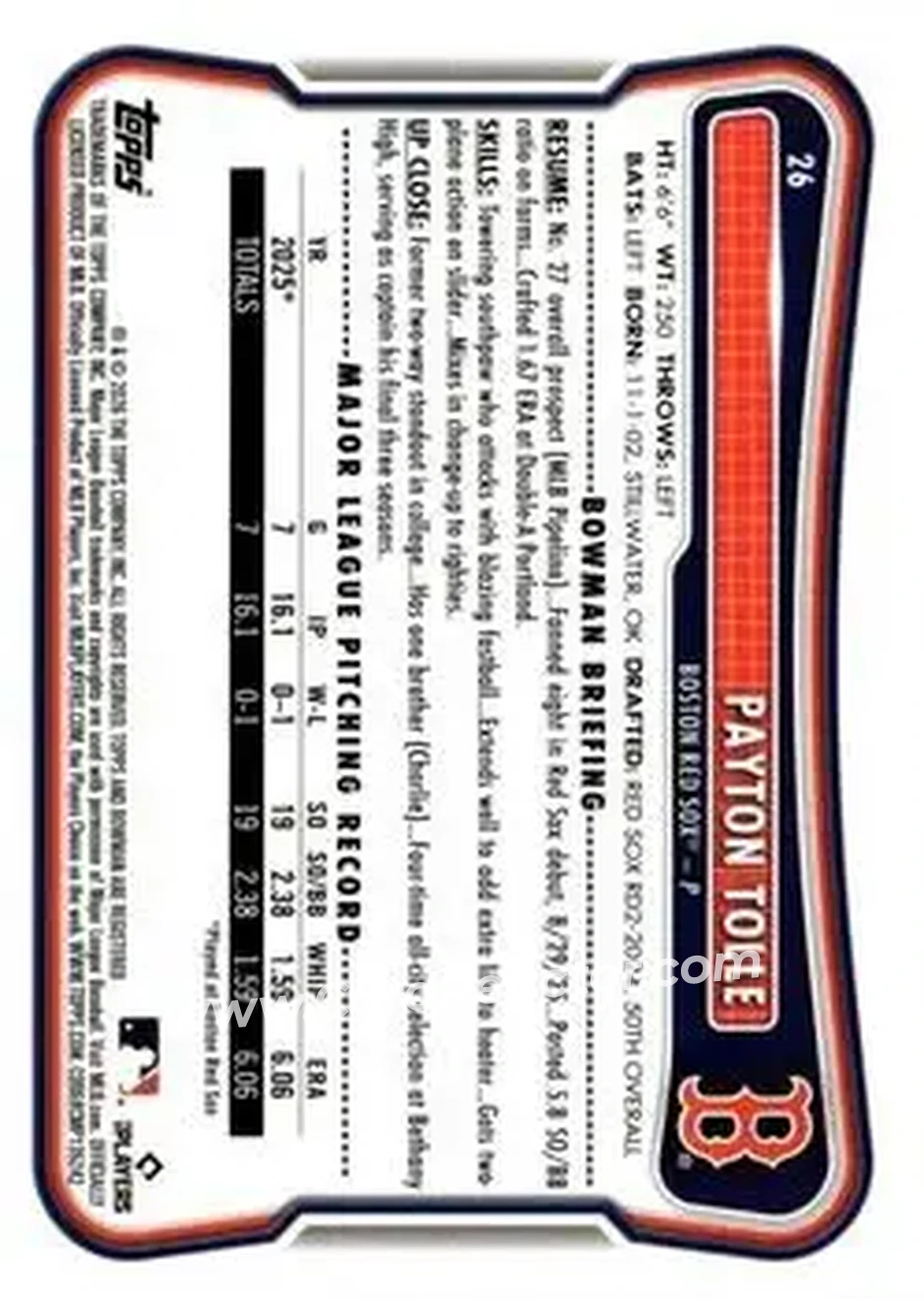 2026 Bowman - Blue Pattern #26 - Payton Tolle - Boston Red Sox - Back