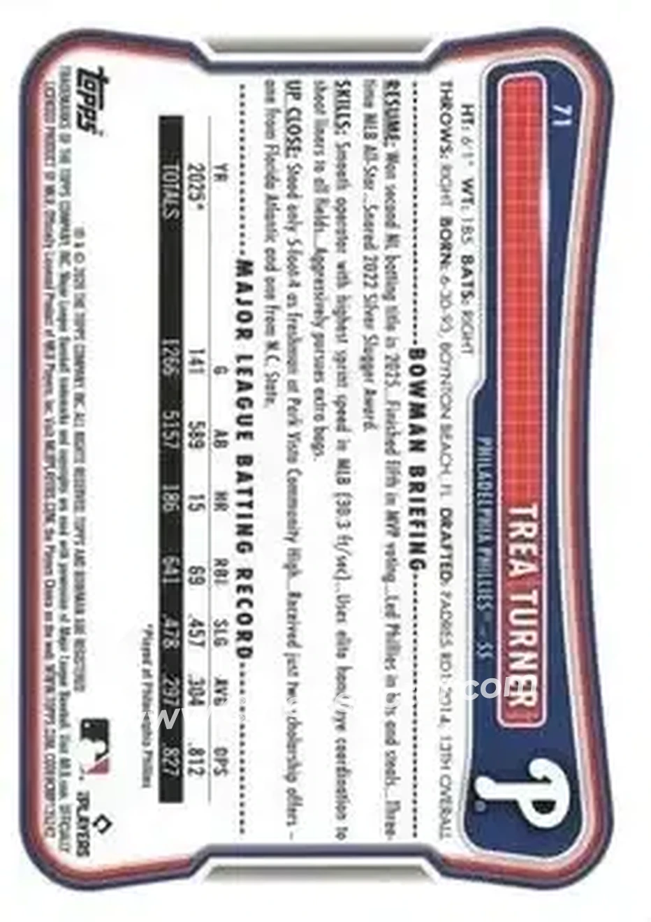2026 Bowman - Blue Pattern #71 - Trea Turner - Philadelphia Phillies - Back