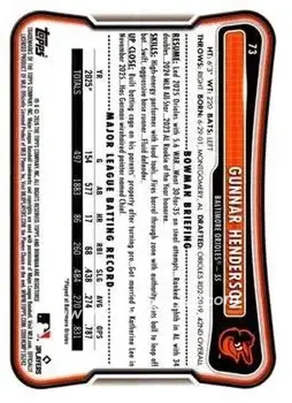 2026 Bowman - Blue Pattern #73 - Gunnar Henderson - Baltimore Orioles - Back