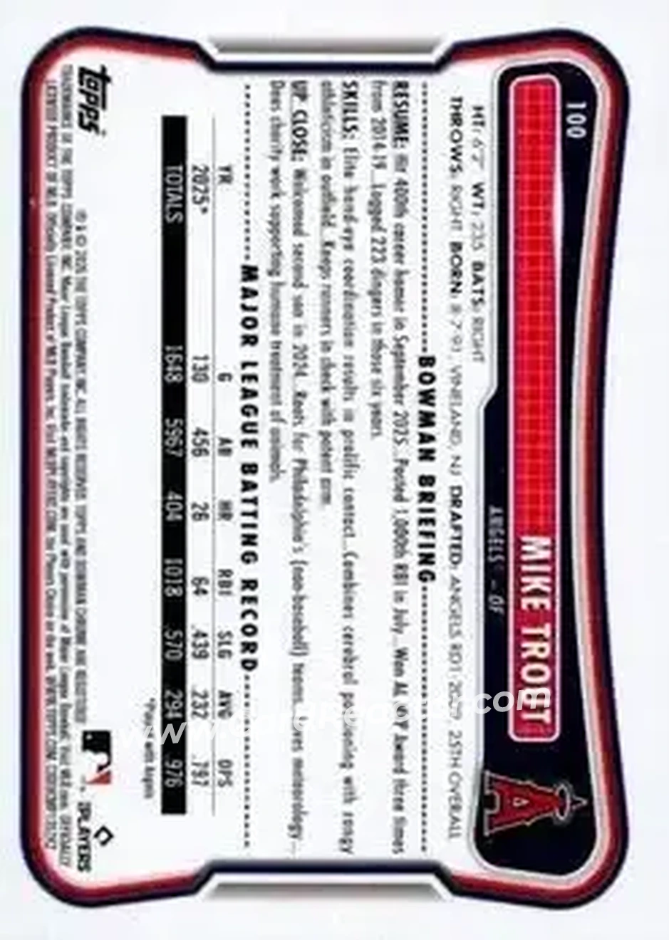 2026 Bowman - Blue Pattern #100 - Mike Trout - Los Angeles Angels - Back
