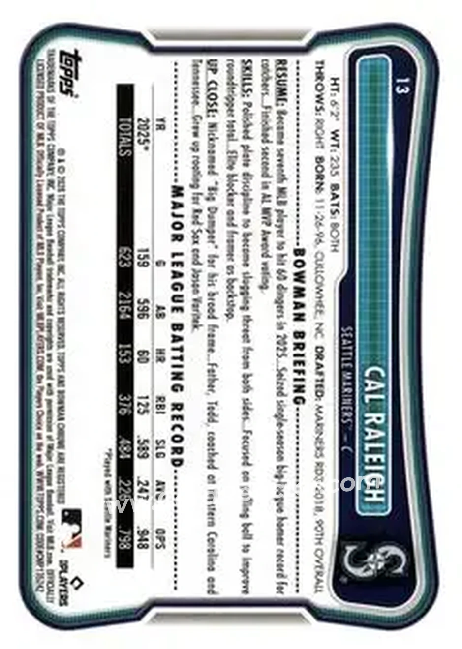2026 Bowman - Bowman Logo Pattern #13 - Cal Raleigh - Seattle Mariners - Back