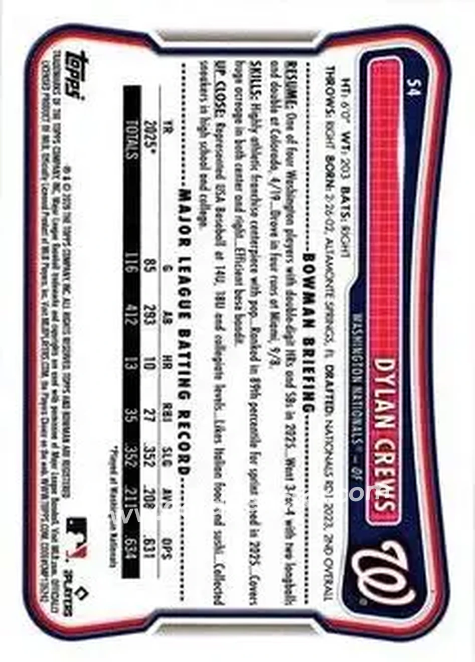 2026 Bowman - Bowman Logo Pattern #54 - Dylan Crews - Washington Nationals - Back