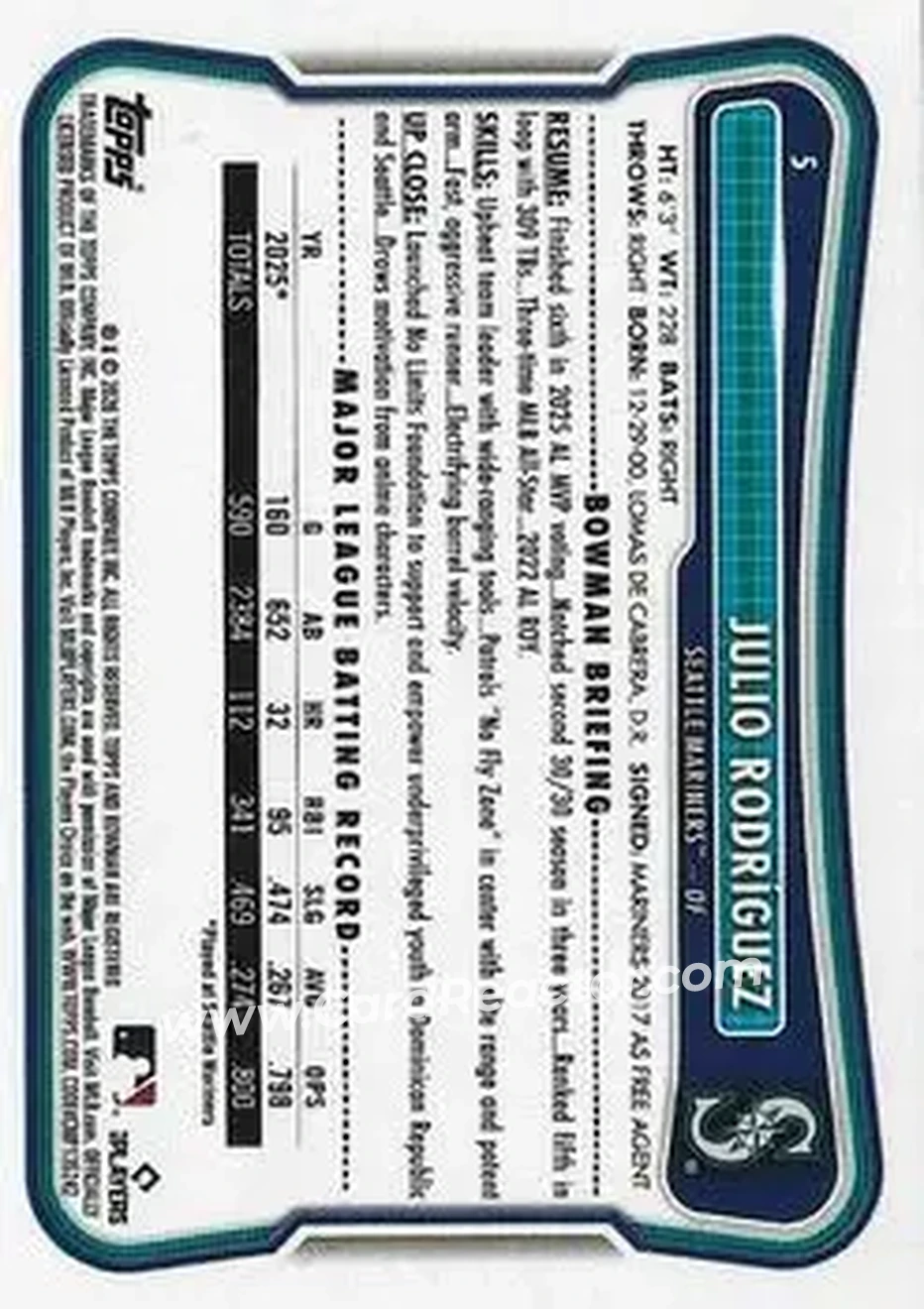 2026 Bowman - Green #5 - Julio Rodríguez - Seattle Mariners - Back