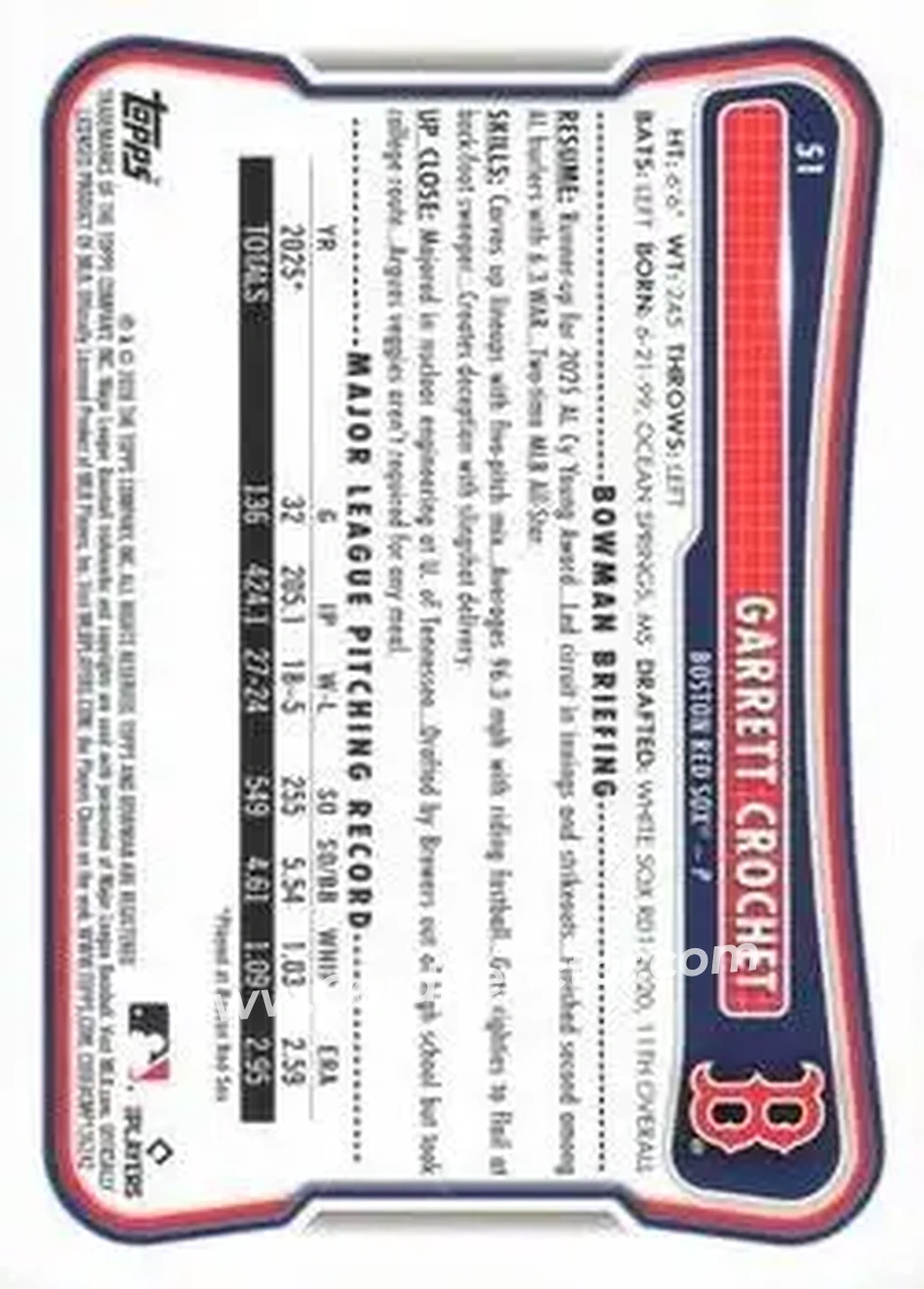 2026 Bowman - Green #51 - Garrett Crochet - Boston Red Sox - Back