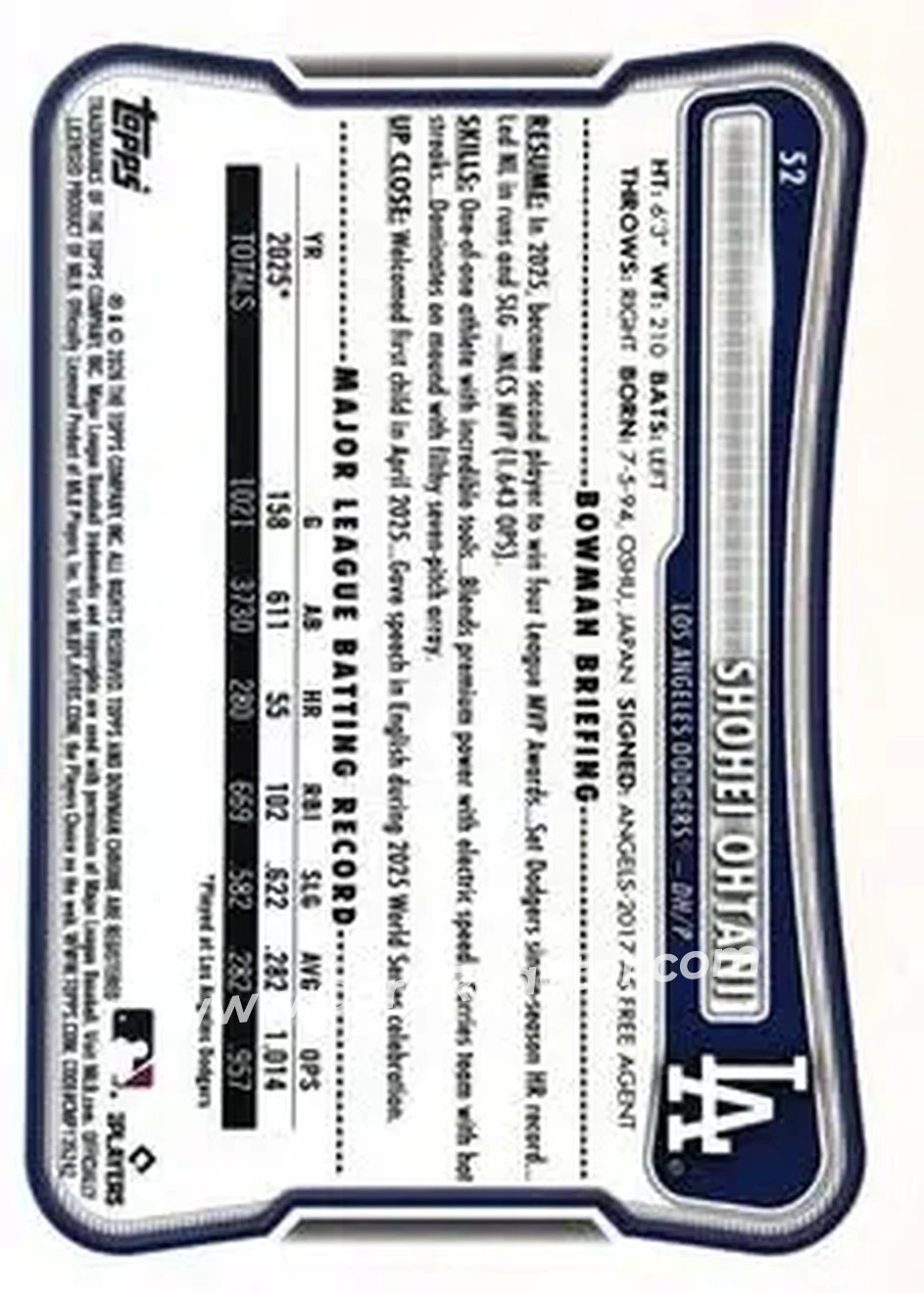 2026 Bowman - Green #52 - Shohei Ohtani - Los Angeles Dodgers - Back