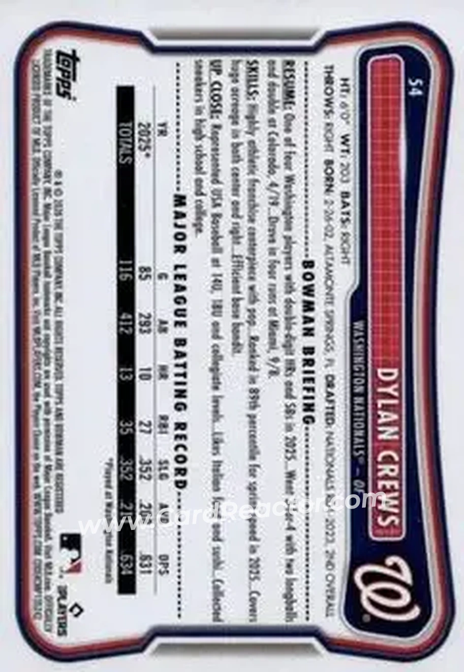 2026 Bowman - Green #54 - Dylan Crews - Washington Nationals - Back