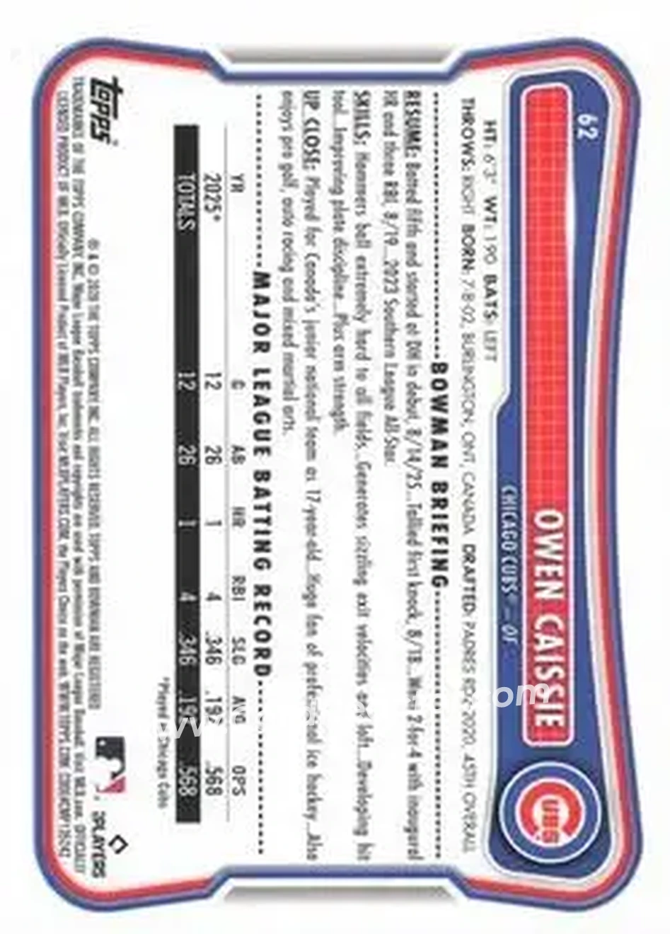 2026 Bowman - Green #62 - Owen Caissie - Chicago Cubs - Back 2026 Bowman - Green #62 - Owen Caissie - Chicago Cubs - Back