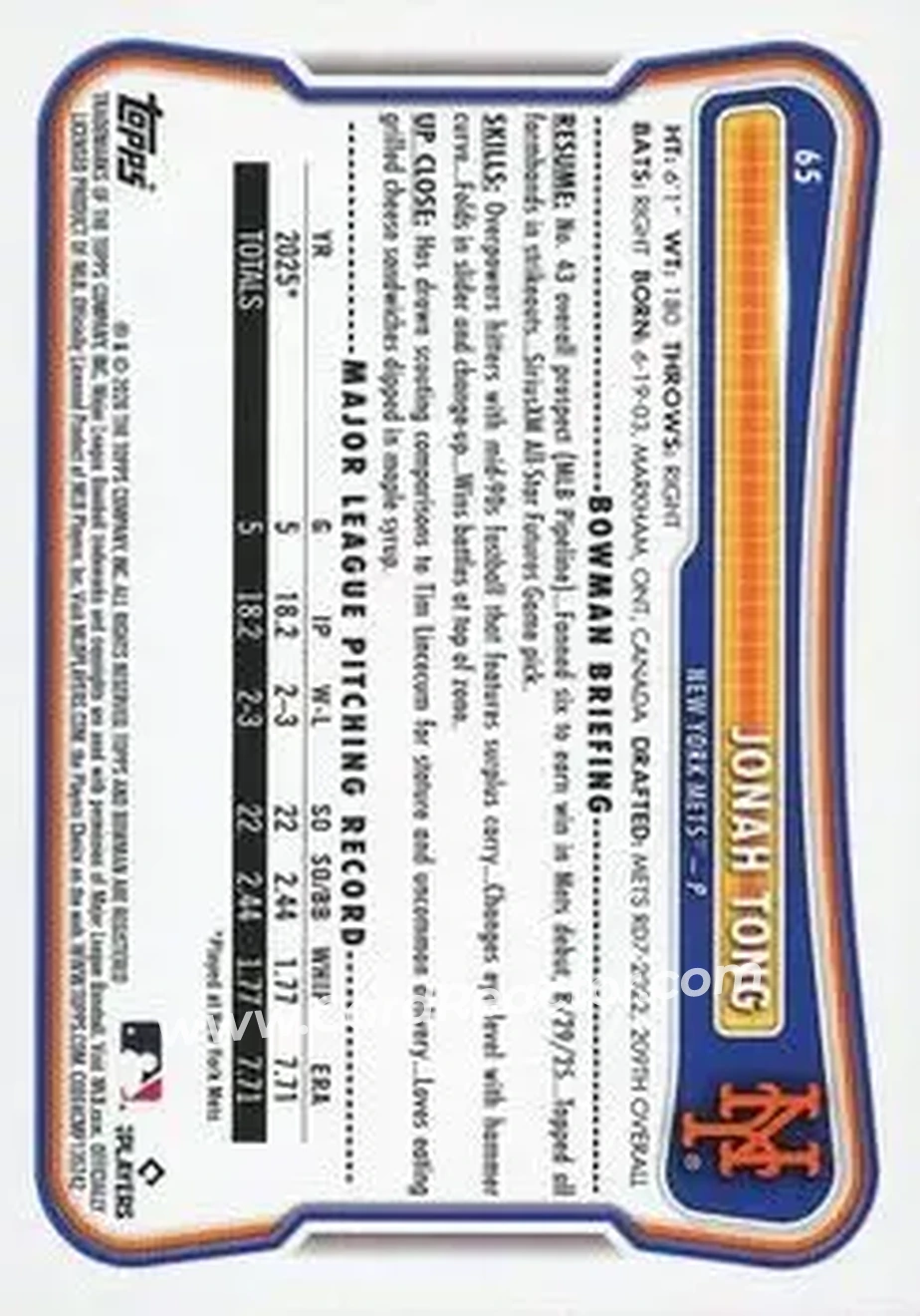 2026 Bowman - Green #65 - Jonah Tong - New York Mets - Back