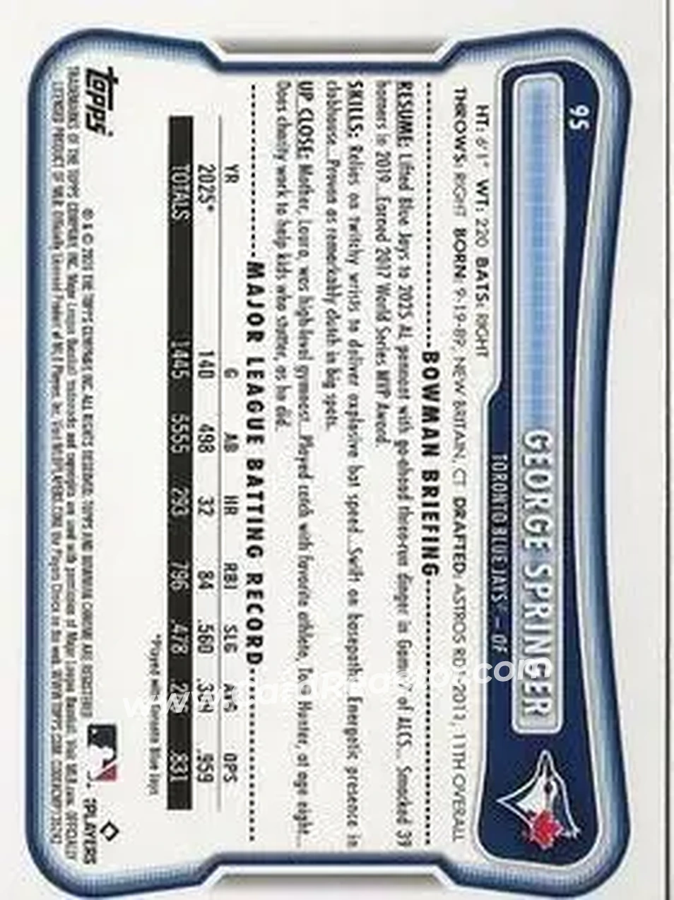 2026 Bowman - Green #95 - George Springer - Toronto Blue Jays - Back