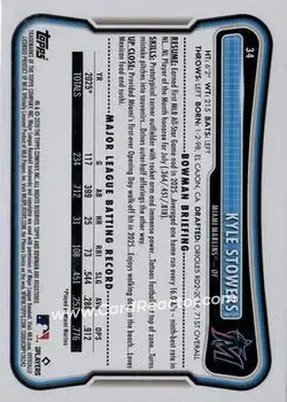 2026 Bowman - Fuchsia #34 - Kyle Stowers - Miami Marlins - Back