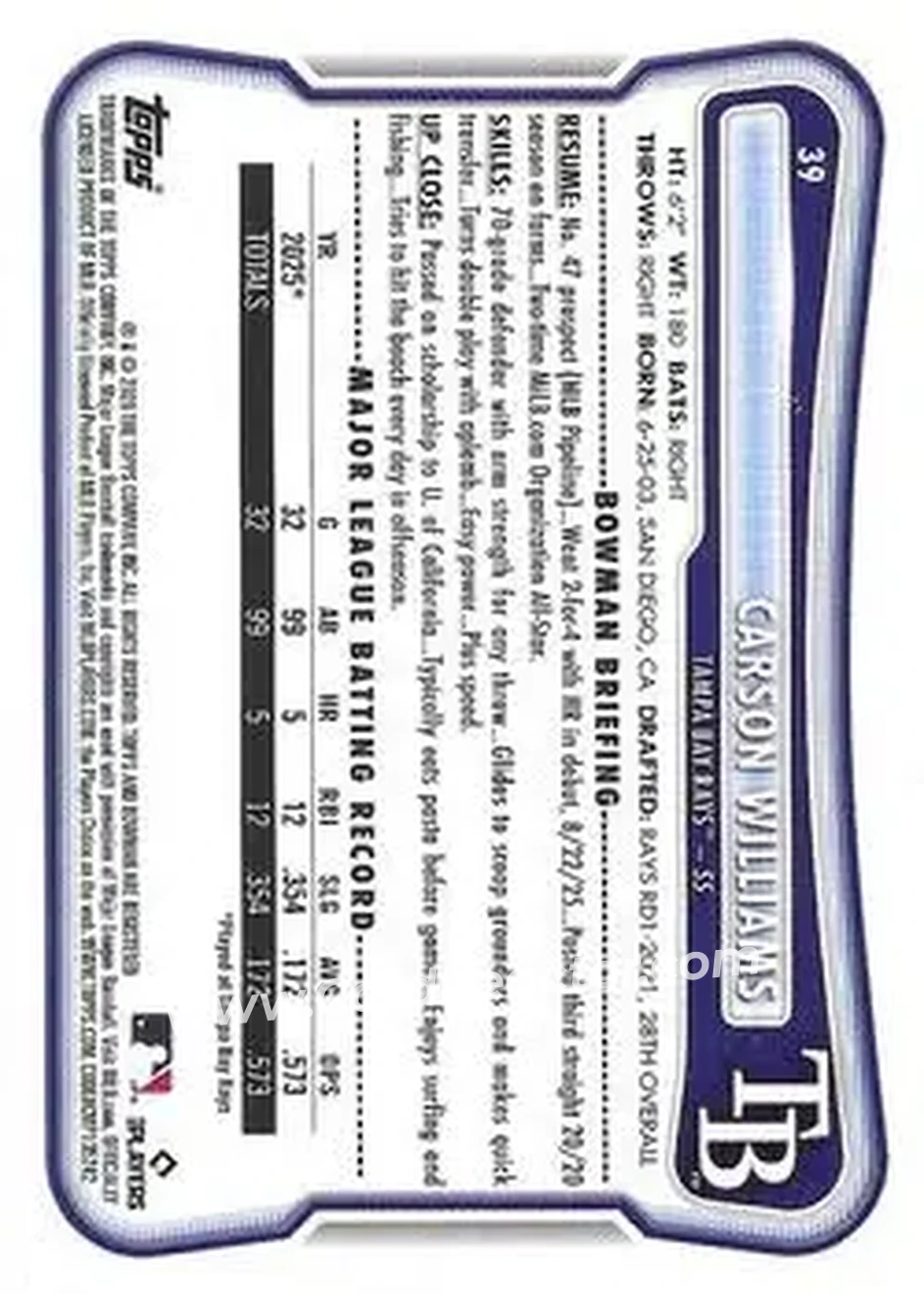 2026 Bowman - Fuchsia #39 - Carson Williams - Tampa Bay Rays - Back