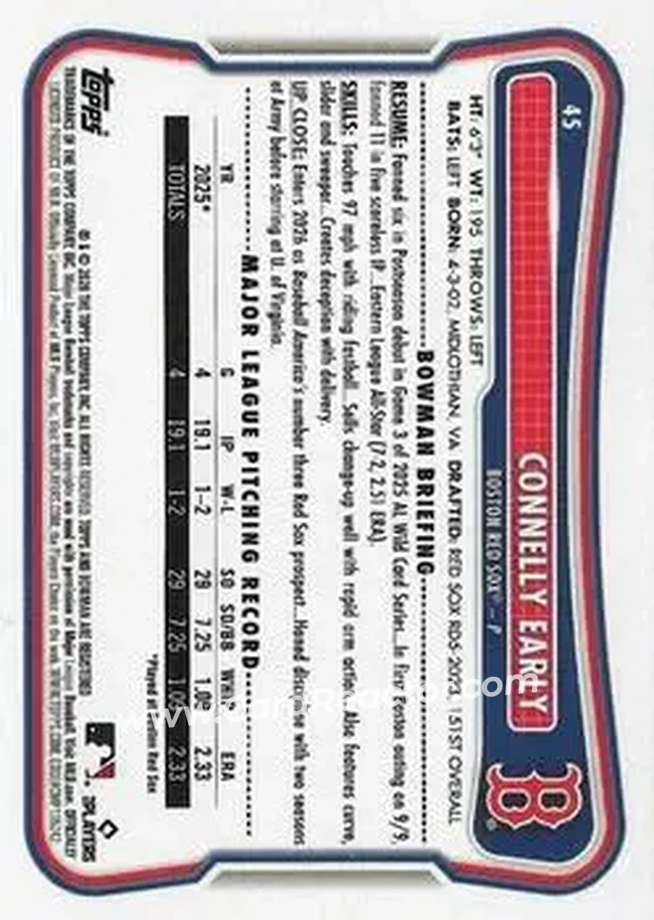 2026 Bowman - Fuchsia #45 - Connelly Early - Boston Red Sox - Back