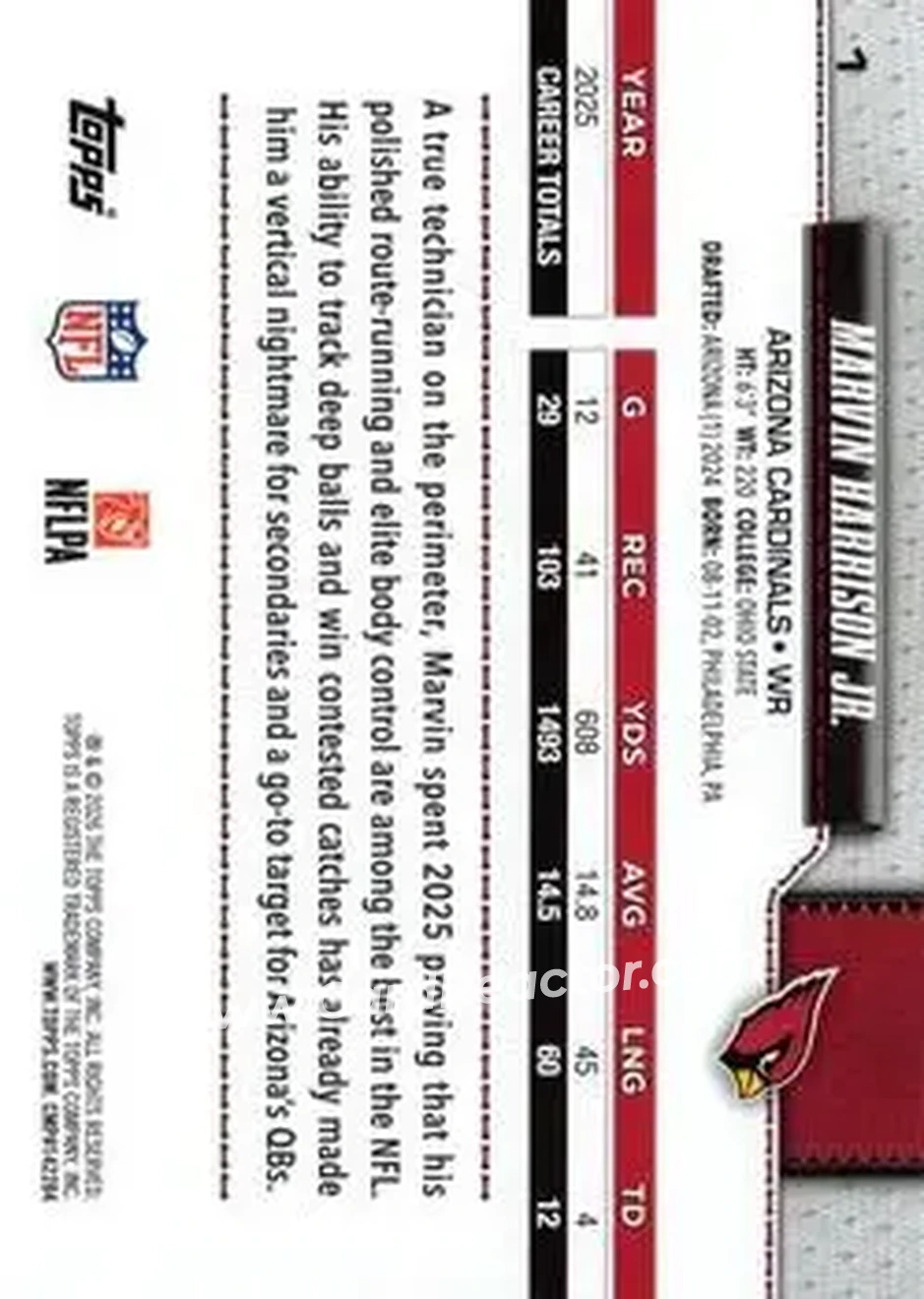 2026 Topps Flagship #1 - Marvin Harrison Jr. - Arizona Cardinals - Back