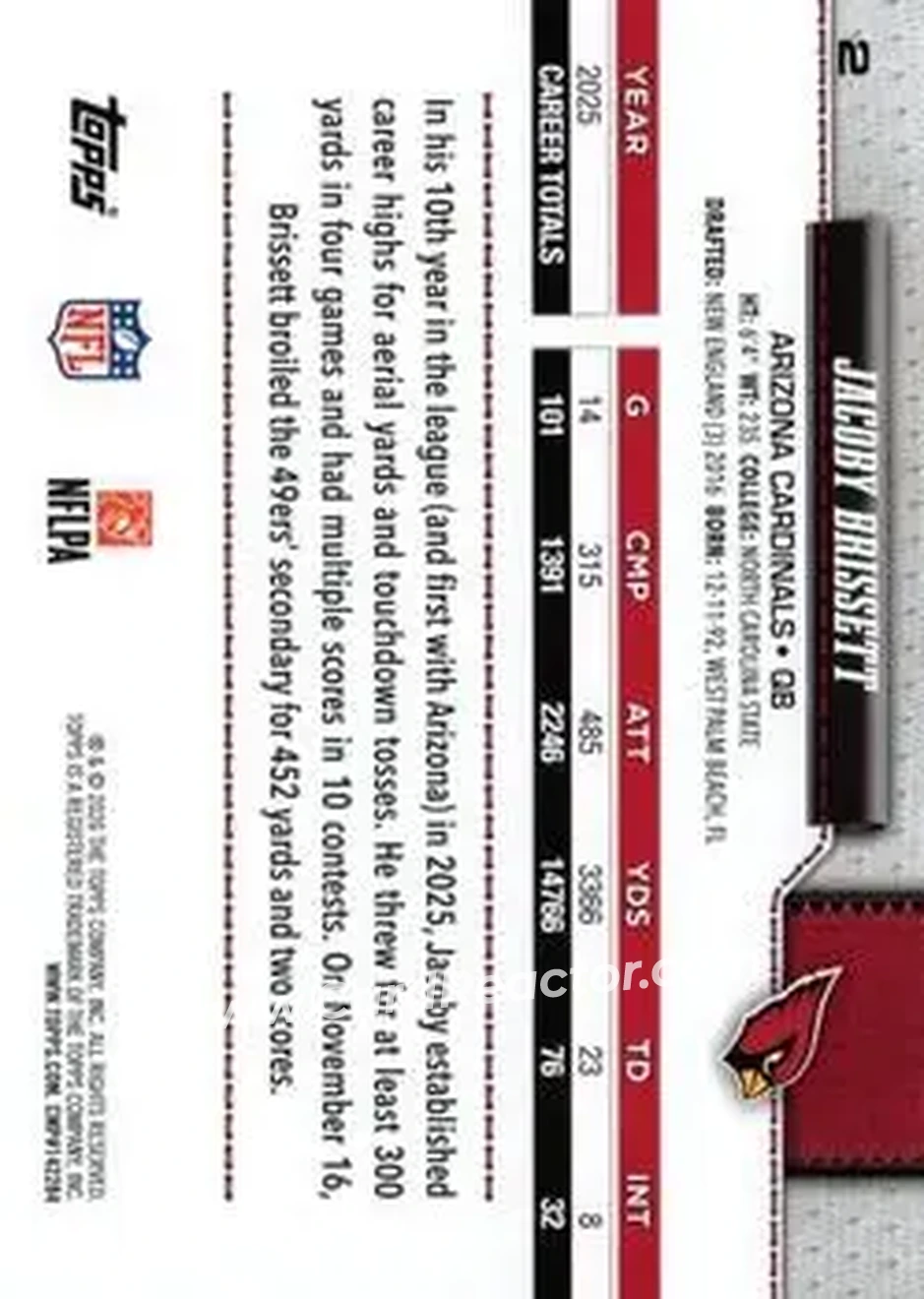 2026 Topps Flagship #2 - Jacoby Brissett - Arizona Cardinals - Back
