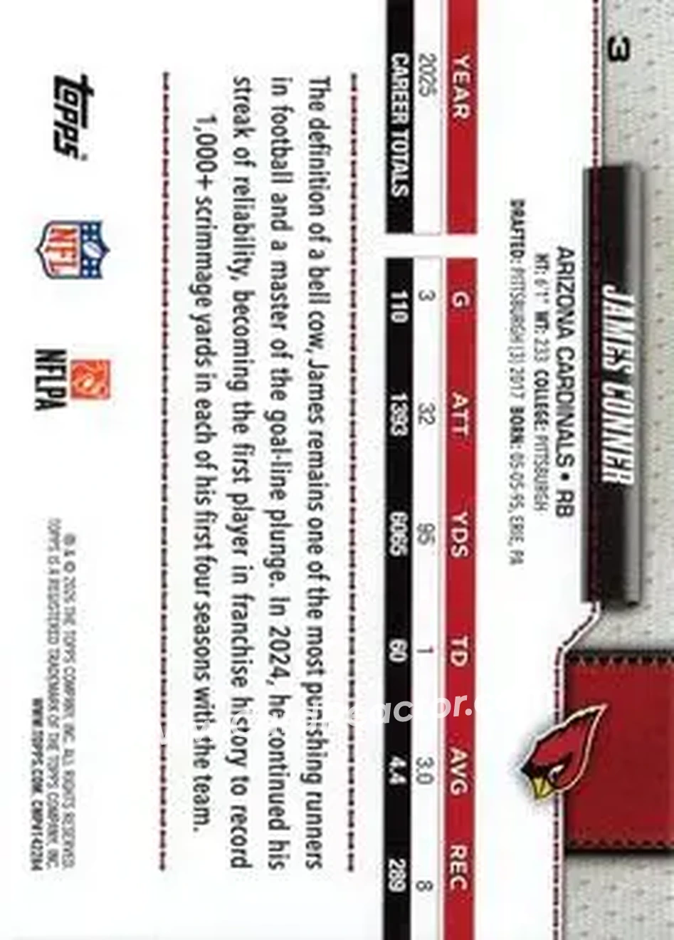 2026 Topps Flagship #3 - James Conner - Arizona Cardinals - Back