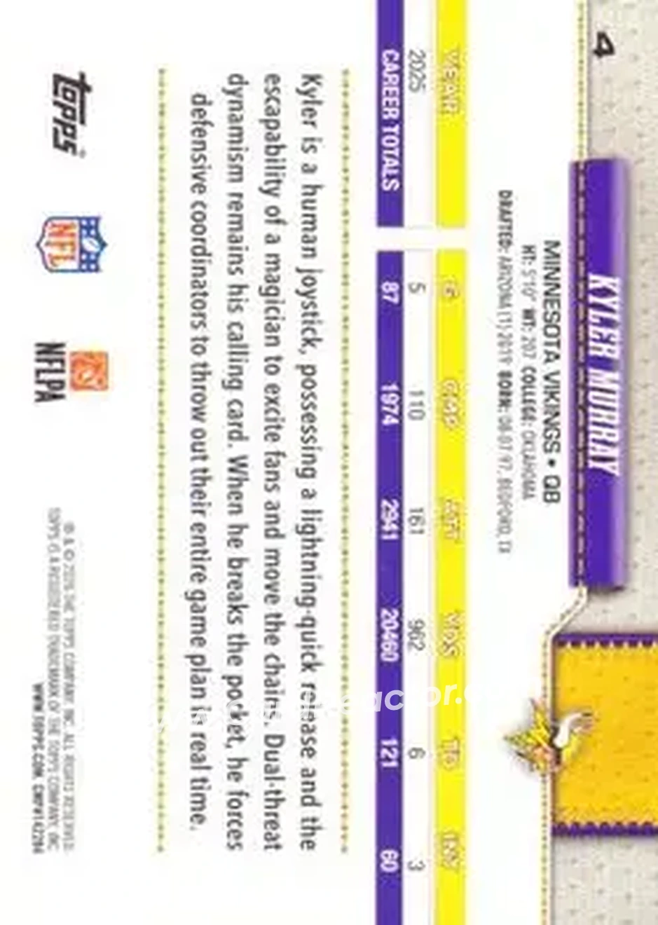2026 Topps Flagship #4 - Kyler Murray - Minnesota Vikings - Back