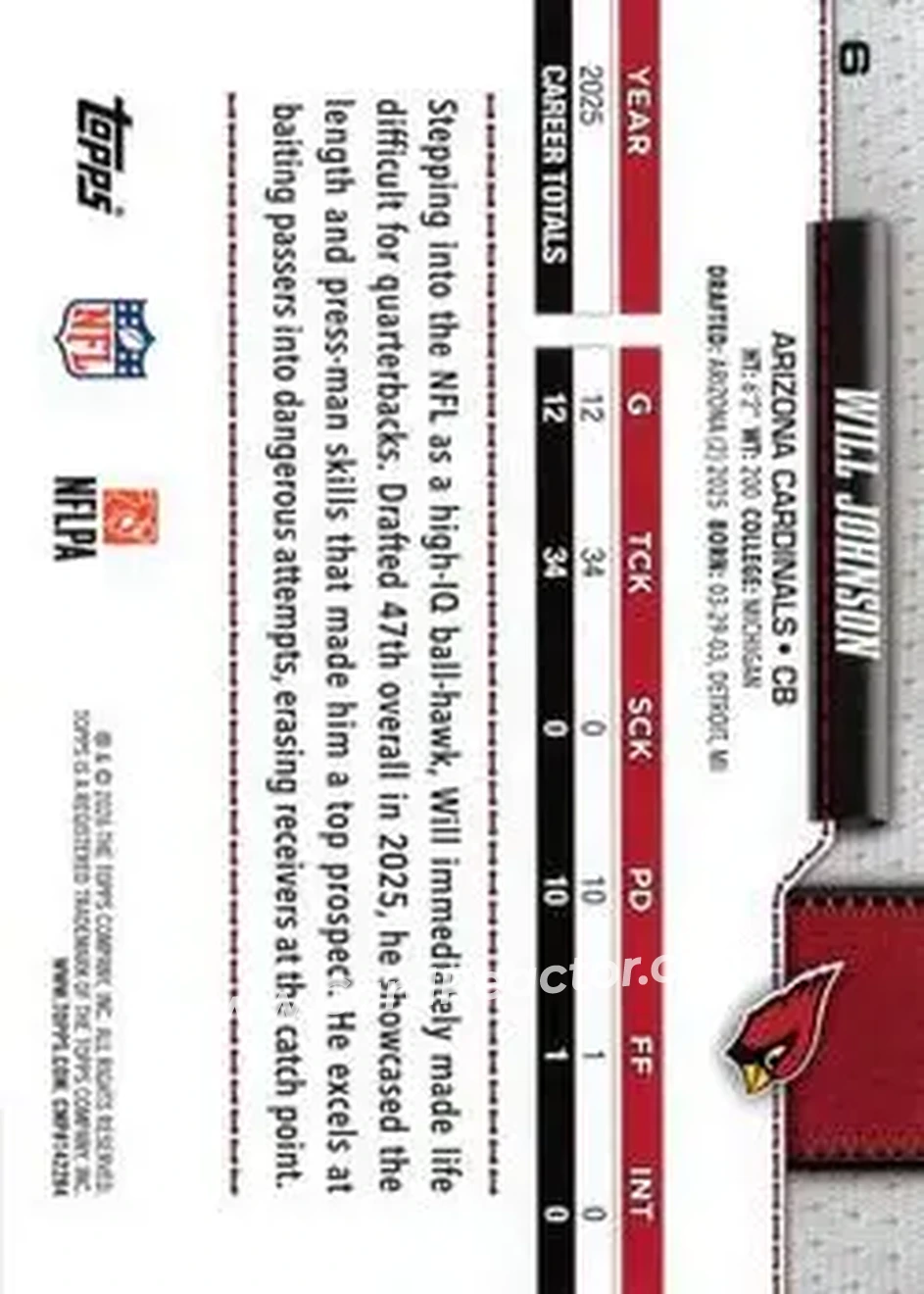 2026 Topps Flagship #6 - Will Johnson - Arizona Cardinals - Back