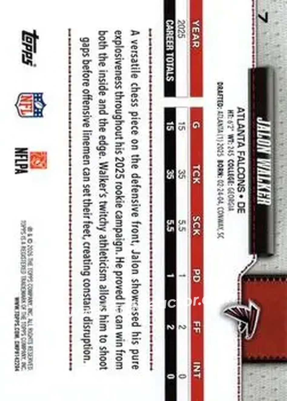 2026 Topps Flagship #7 - Jalon Walker - Atlanta Falcons - Back