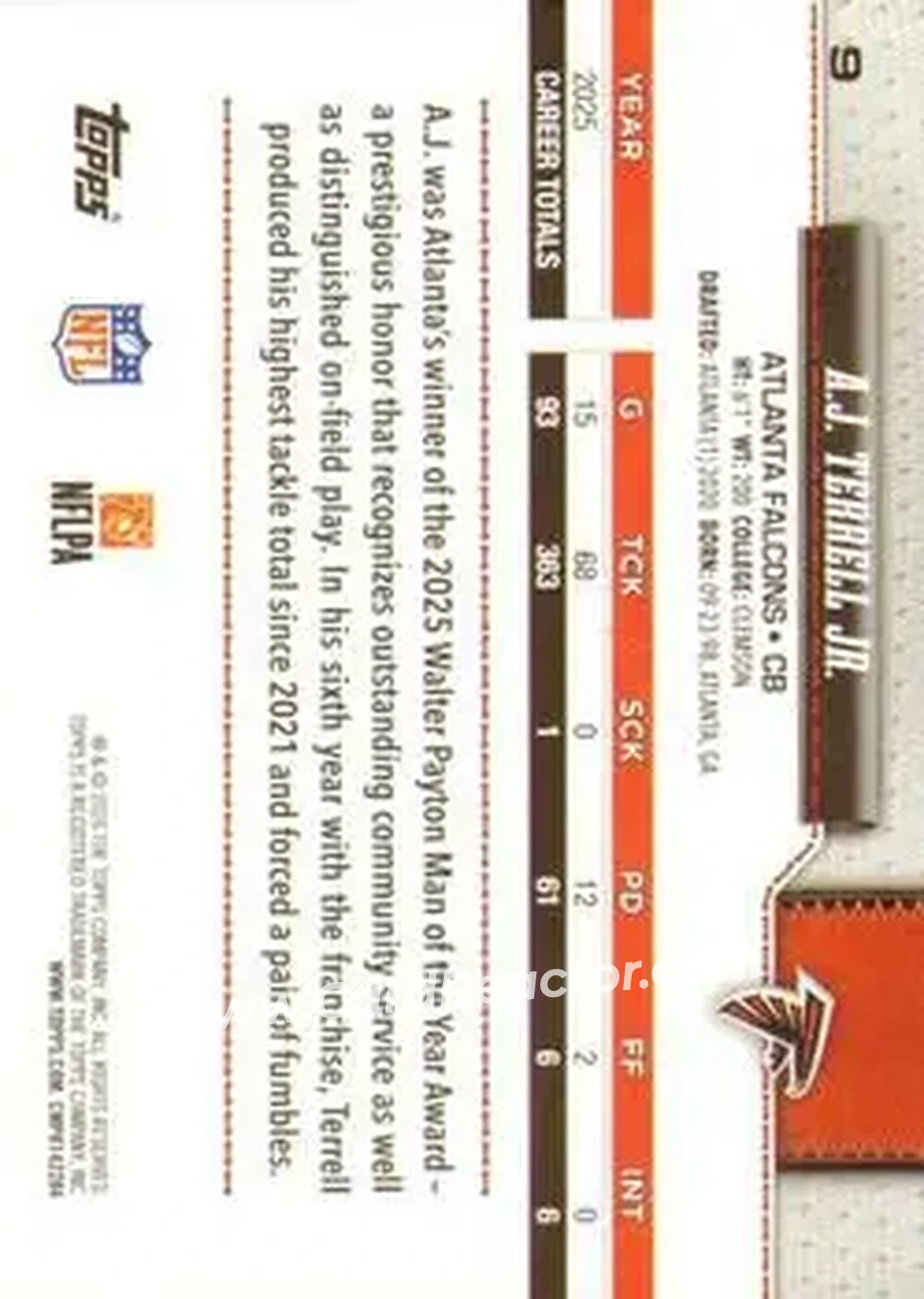 2026 Topps Flagship #9 - A.J. Terrell - Atlanta Falcons - Back