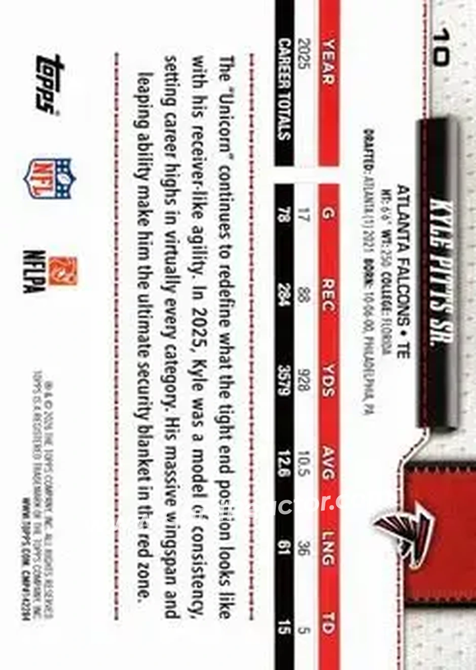 2026 Topps Flagship #10 - Kyle Pitts Sr. - Atlanta Falcons - Back