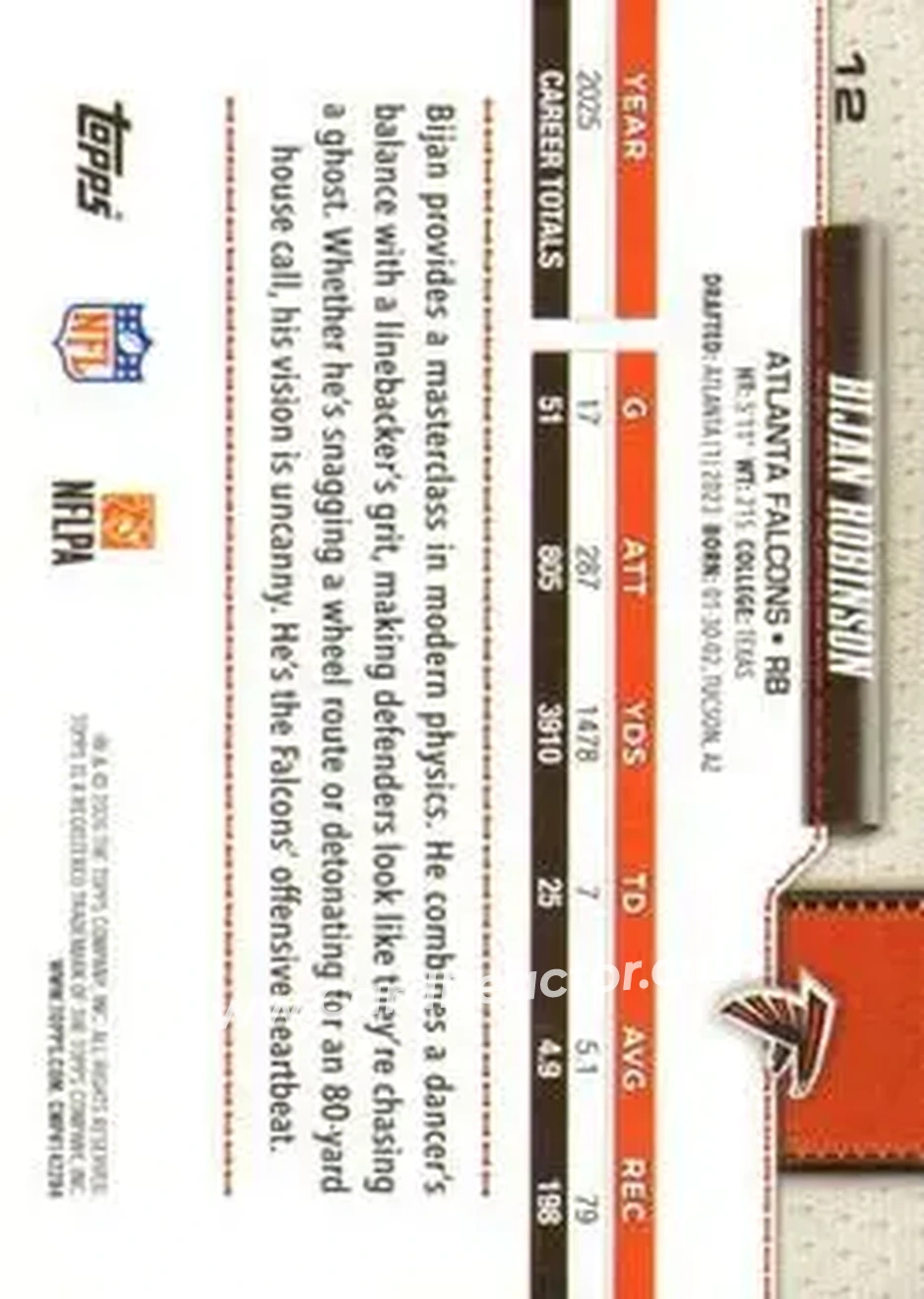 2026 Topps Flagship #12 - Bijan Robinson - Atlanta Falcons - Back