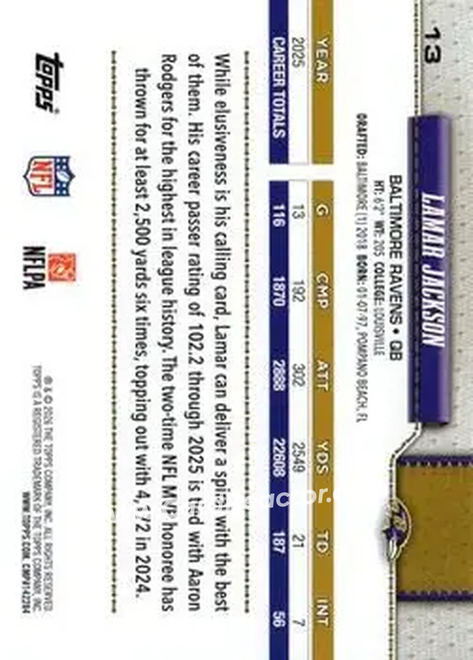 2026 Topps Flagship #13 - Lamar Jackson - Baltimore Ravens - Back