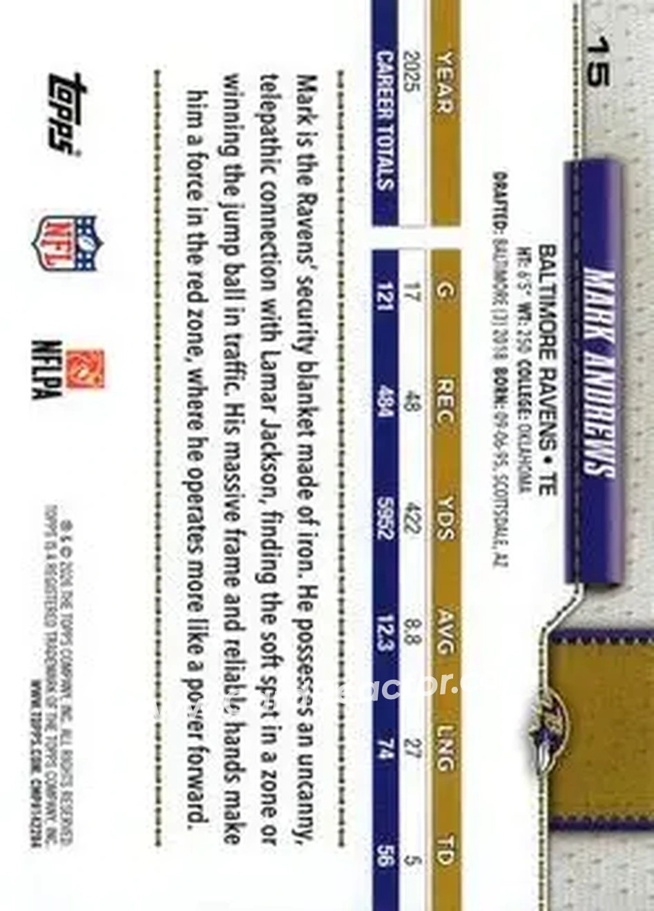 2026 Topps Flagship #15 - Mark Andrews - Baltimore Ravens - Back