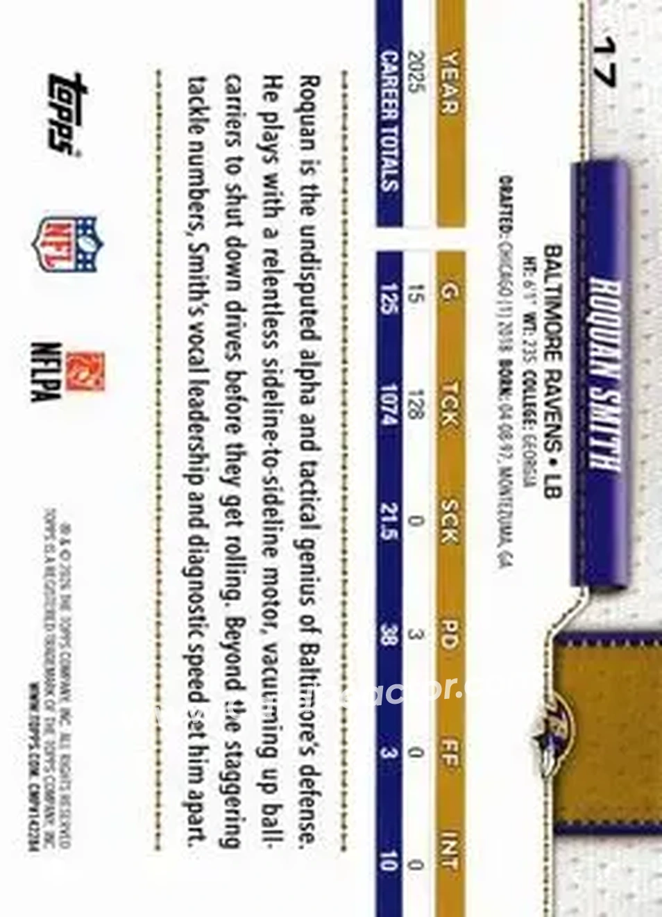 2026 Topps Flagship #17 - Roquan Smith - Baltimore Ravens - Back