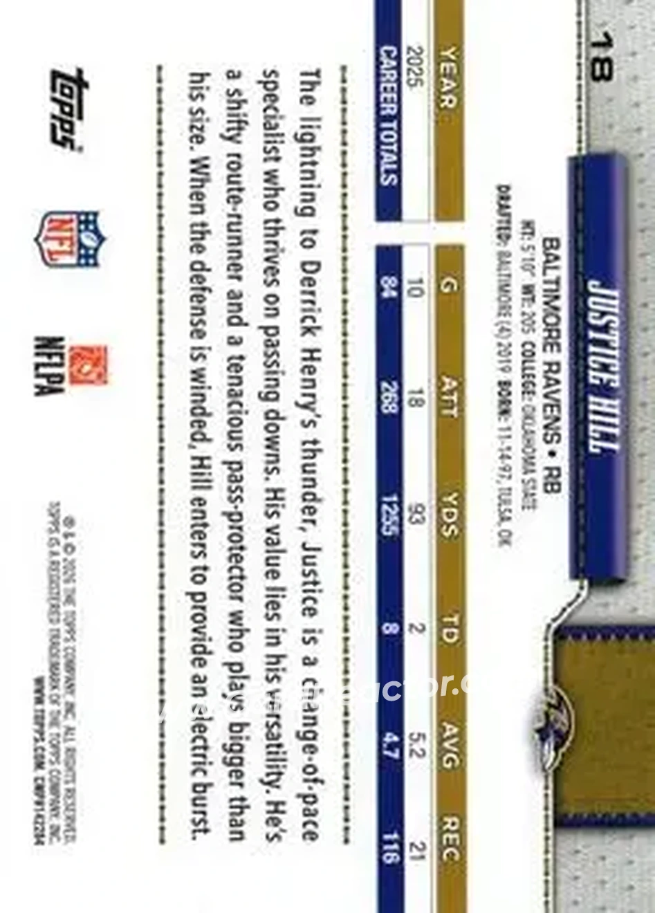 2026 Topps Flagship #18 - Justice Hill - Baltimore Ravens - Back