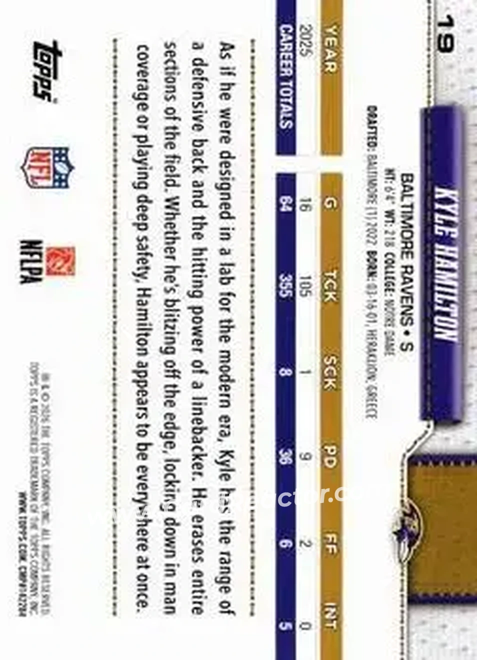 2026 Topps Flagship #19 - Kyle Hamilton - Baltimore Ravens - Back