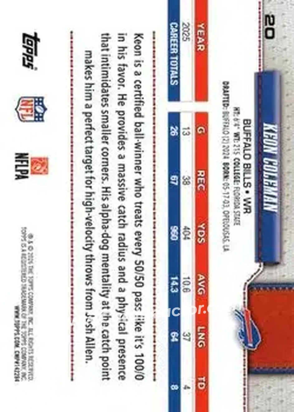 2026 Topps Flagship #20 - Keon Coleman - Buffalo Bills - Back