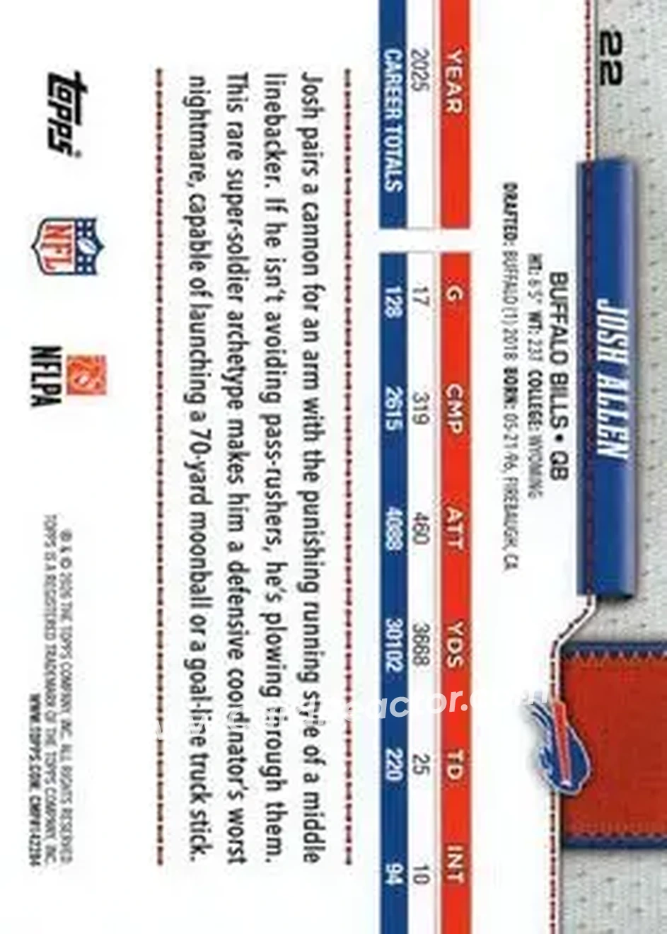 2026 Topps Flagship #22 - Josh Allen - Buffalo Bills - Back