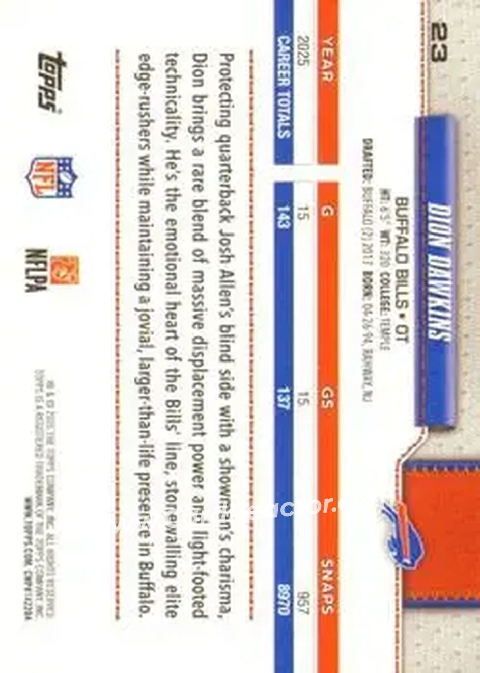 2026 Topps Flagship #23 - Dion Dawkins - Buffalo Bills - Back