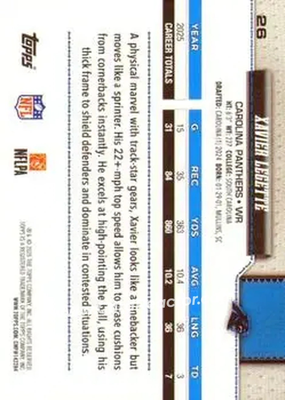 2026 Topps Flagship #26 - Xavier Legette - Carolina Panthers - Back