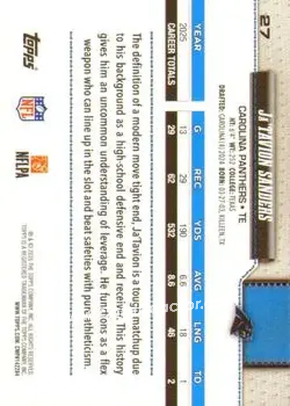2026 Topps Flagship #27 - Ja’Tavion Sanders - Carolina Panthers - Back