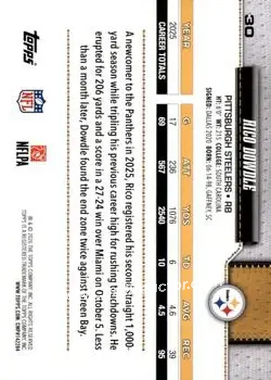 2026 Topps Flagship #30 - Rico Dowdle - Pittsburgh Steelers - Back