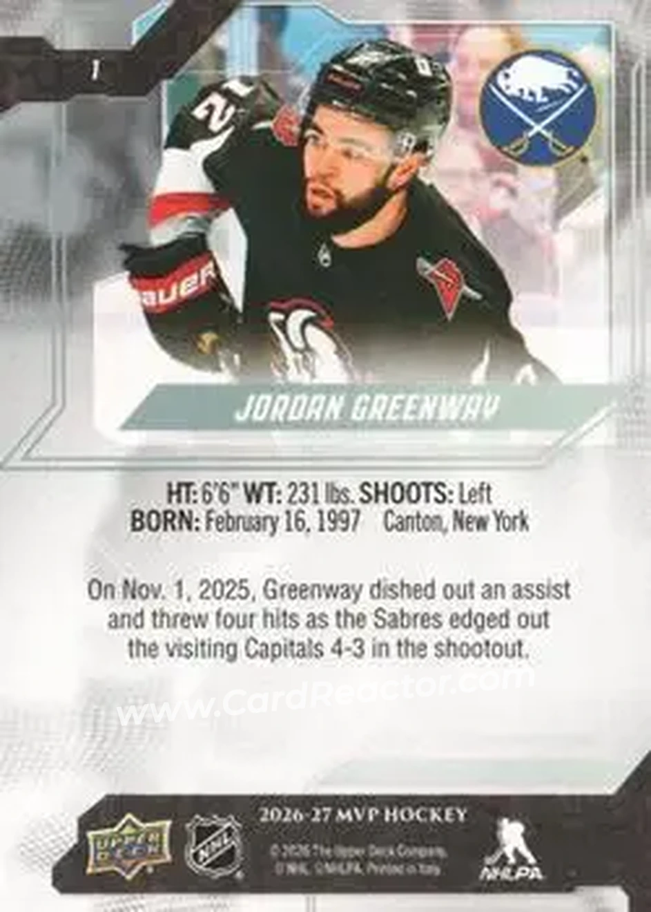 2026-27 Upper Deck MVP #1 - Jordan Greenway - Buffalo Sabres - Back