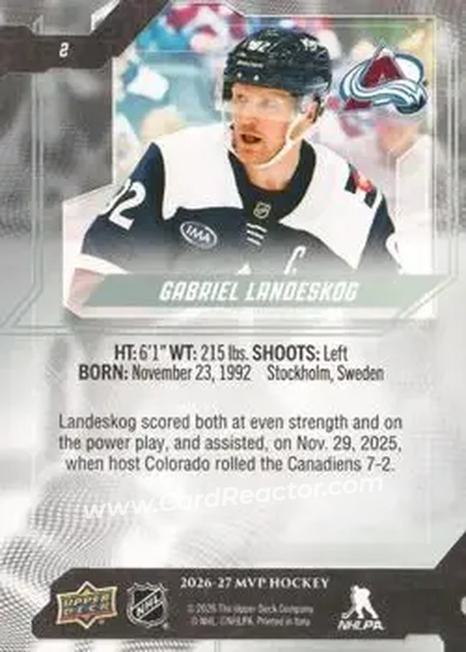 2026-27 Upper Deck MVP #2 - Gabriel Landeskog - Colorado Avalanche - Back