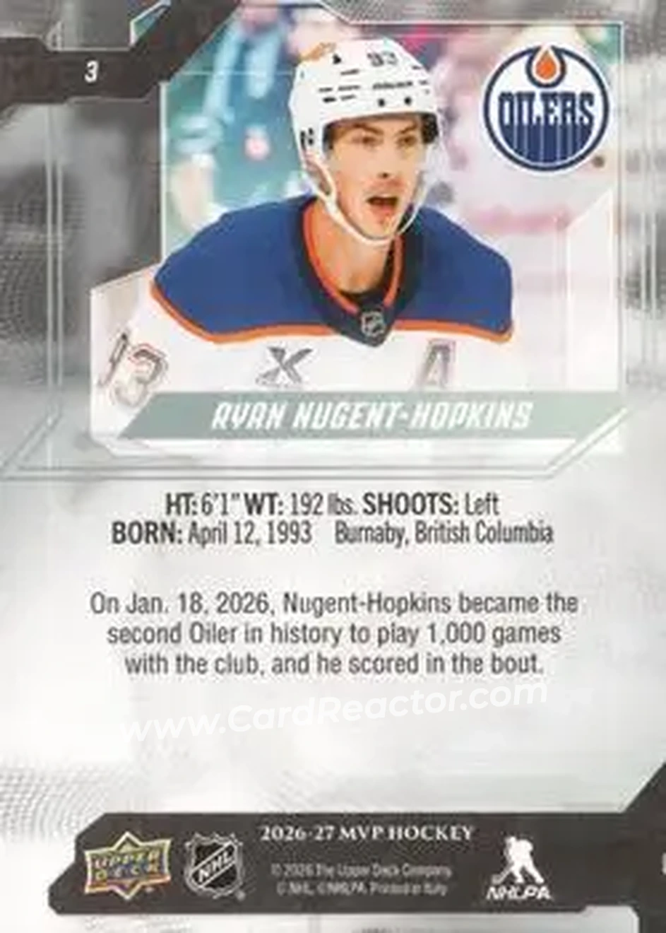 2026-27 Upper Deck MVP #3 - Ryan Nugent-Hopkins - Edmonton Oilers - Back