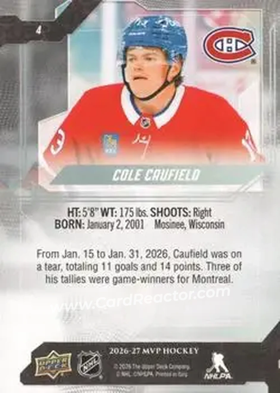 2026-27 Upper Deck MVP #4 - Cole Caufield - Montreal Canadiens - Back
