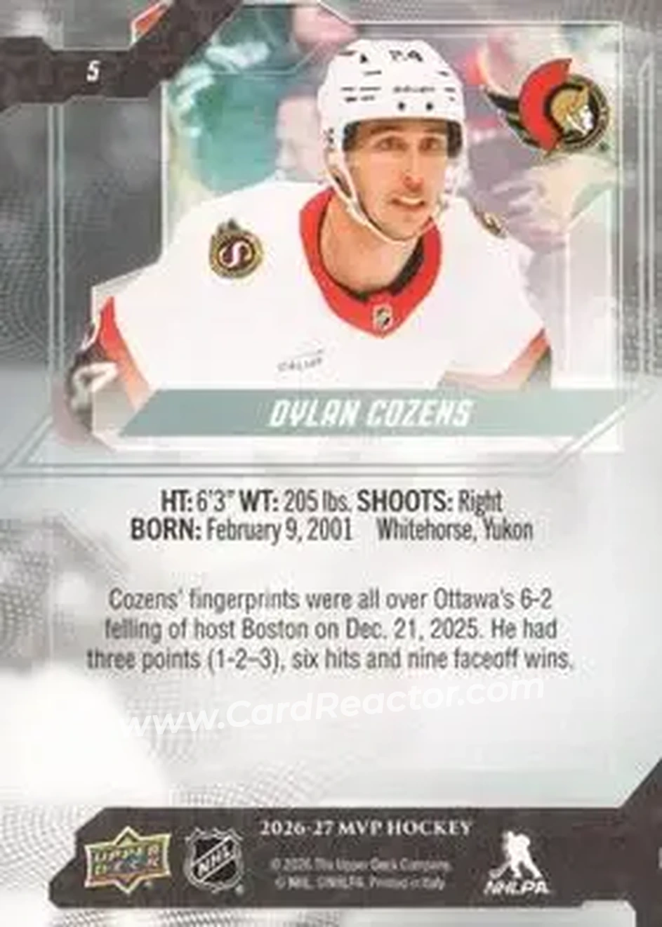 2026-27 Upper Deck MVP #5 - Dylan Cozens - Ottawa Senators - Back