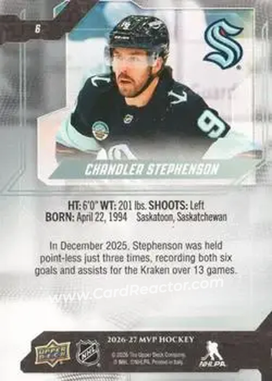 2026-27 Upper Deck MVP #6 - Chandler Stephenson - Seattle Kraken - Back